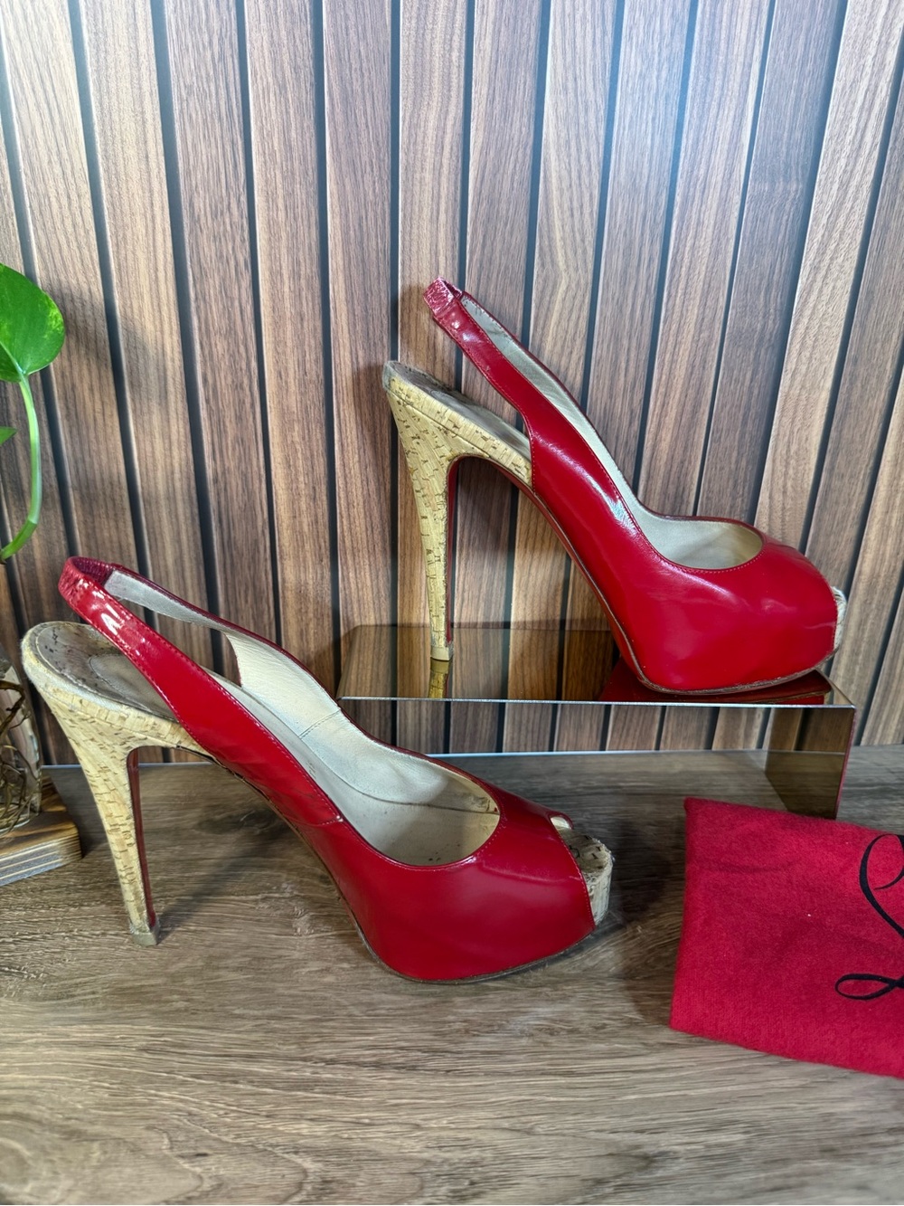 Christian Louboutin Red Patent Peep-Toe Slingback Heels Pumps Stilettos, Size 38